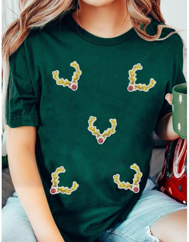Green Christmas Reindeer Antler Patched Graphic Tee