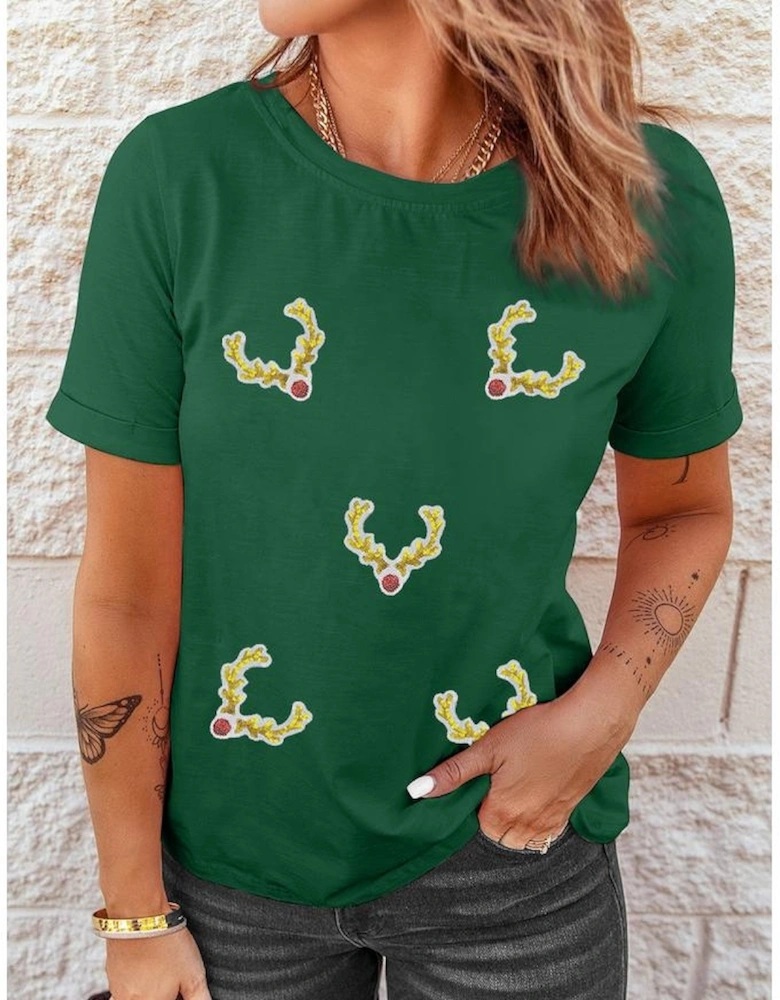 Green Christmas Reindeer Antler Patched Graphic Tee
