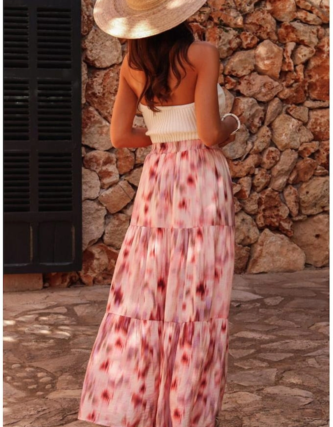 Pink Abstract Watercolor Tie Dye Tiered Maxi Skirt