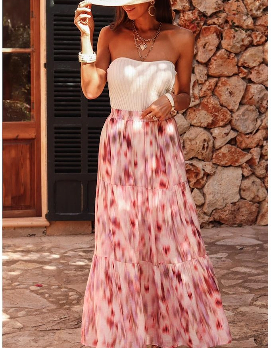 Pink Abstract Watercolor Tie Dye Tiered Maxi Skirt