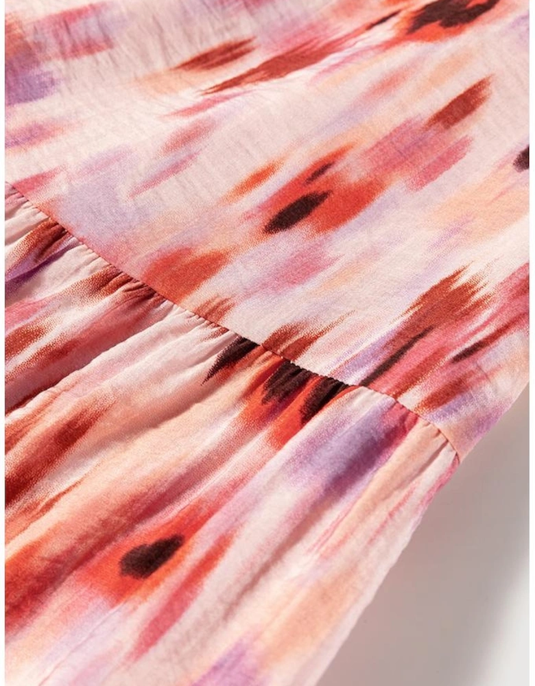 Pink Abstract Watercolor Tie Dye Tiered Maxi Skirt
