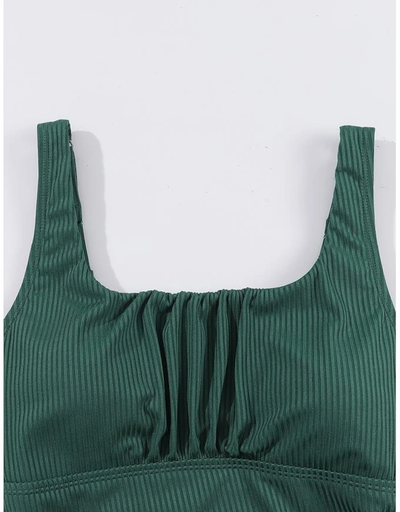 Blackish Green Ruched U Neck Ribbed Tankini