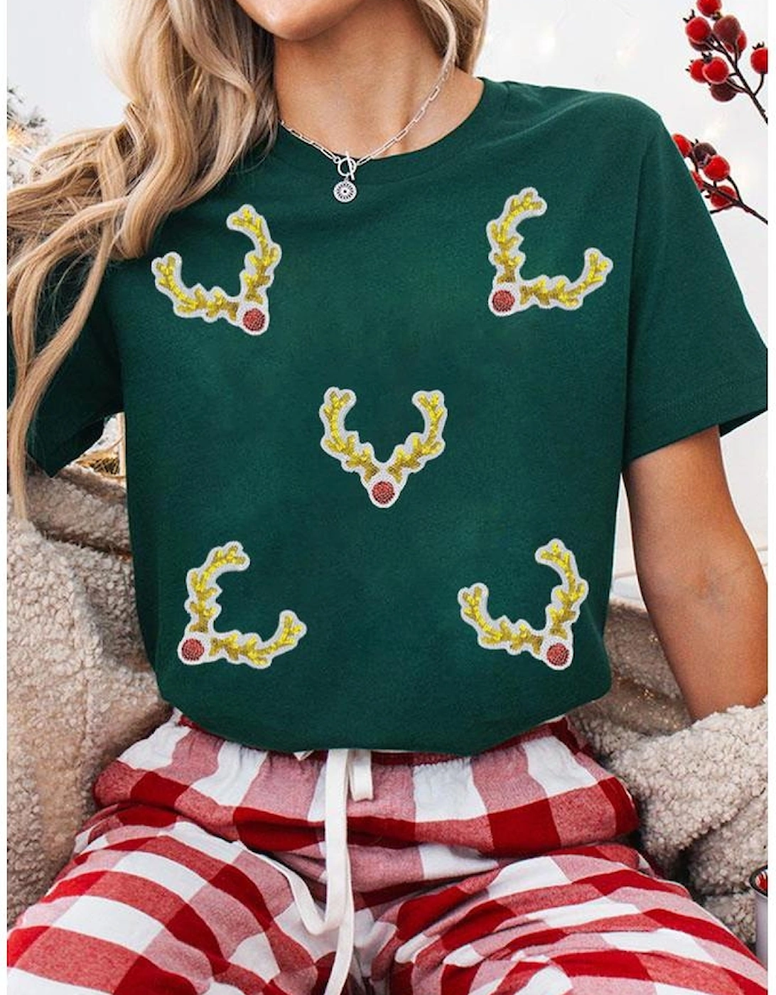 Green Christmas Reindeer Antler Patched Graphic Tee