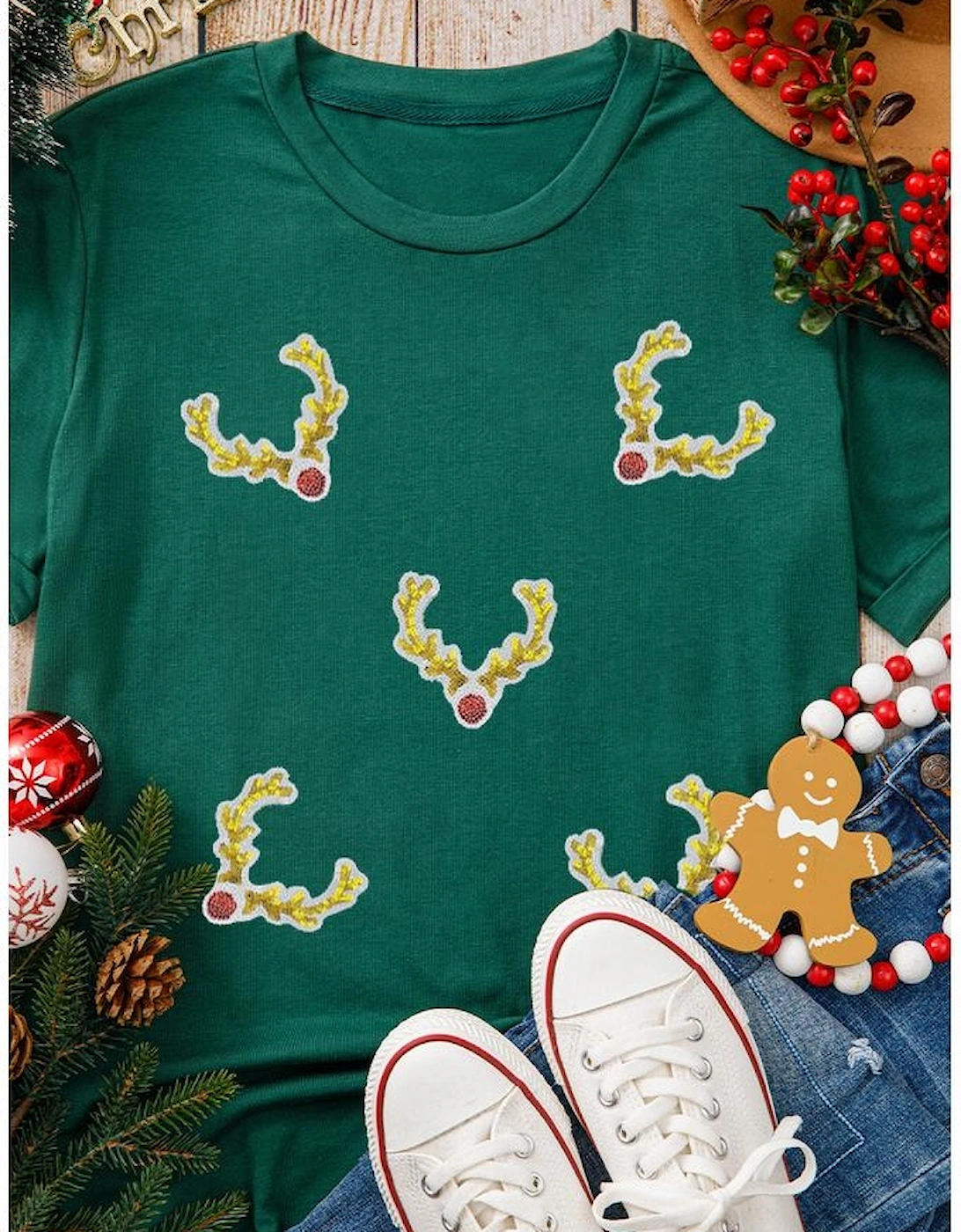 Green Christmas Reindeer Antler Patched Graphic Tee