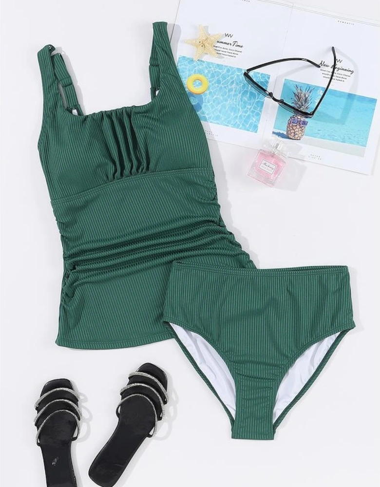 Blackish Green Ruched U Neck Ribbed Tankini