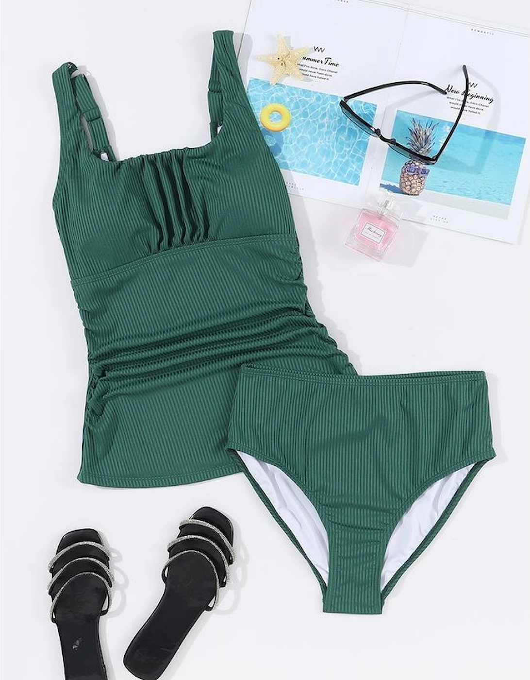 Blackish Green Ruched U Neck Ribbed Tankini