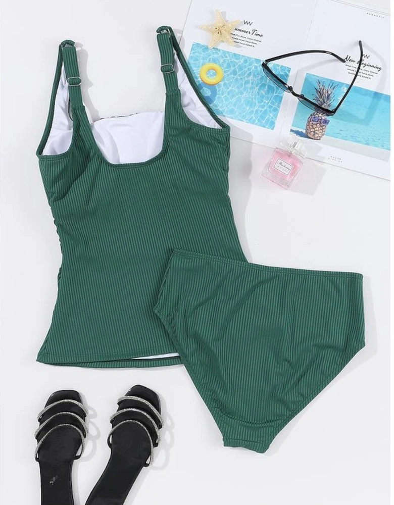 Blackish Green Ruched U Neck Ribbed Tankini