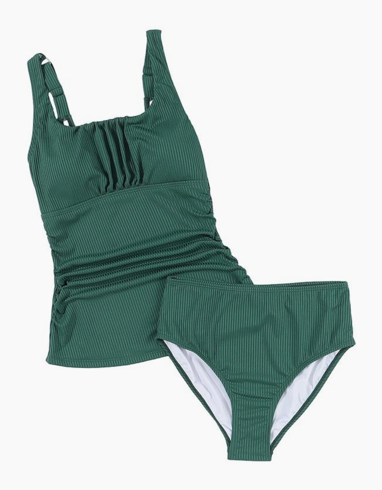 Blackish Green Ruched U Neck Ribbed Tankini