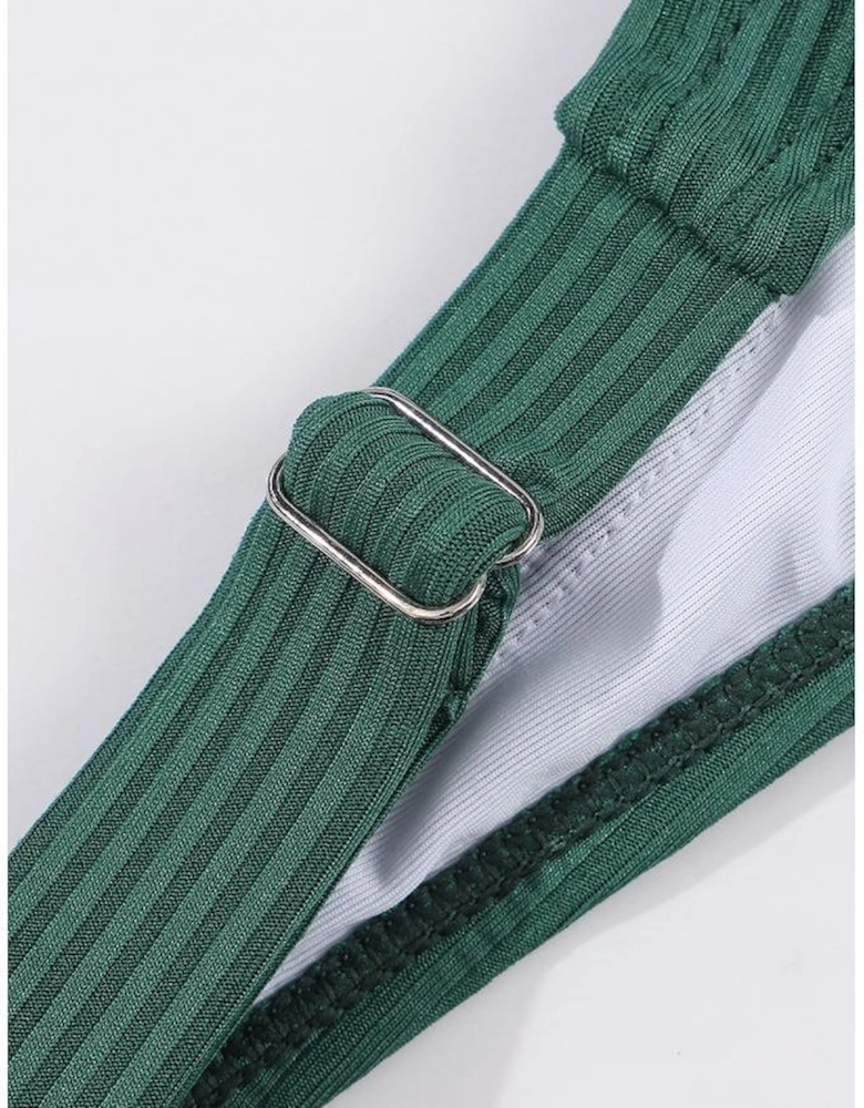 Blackish Green Ruched U Neck Ribbed Tankini