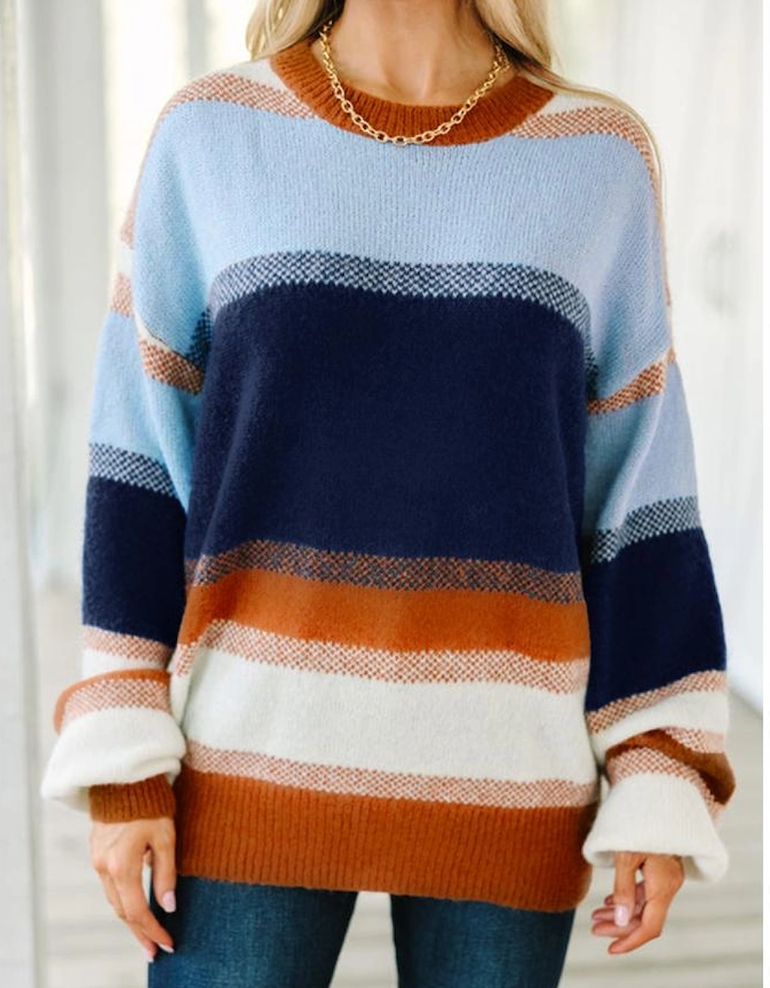 Dark Blue Color Block Round Neck Tunic Sweater