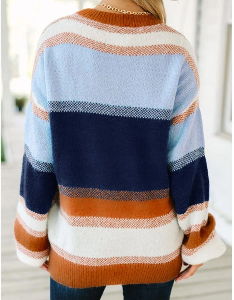 Dark Blue Color Block Round Neck Tunic Sweater