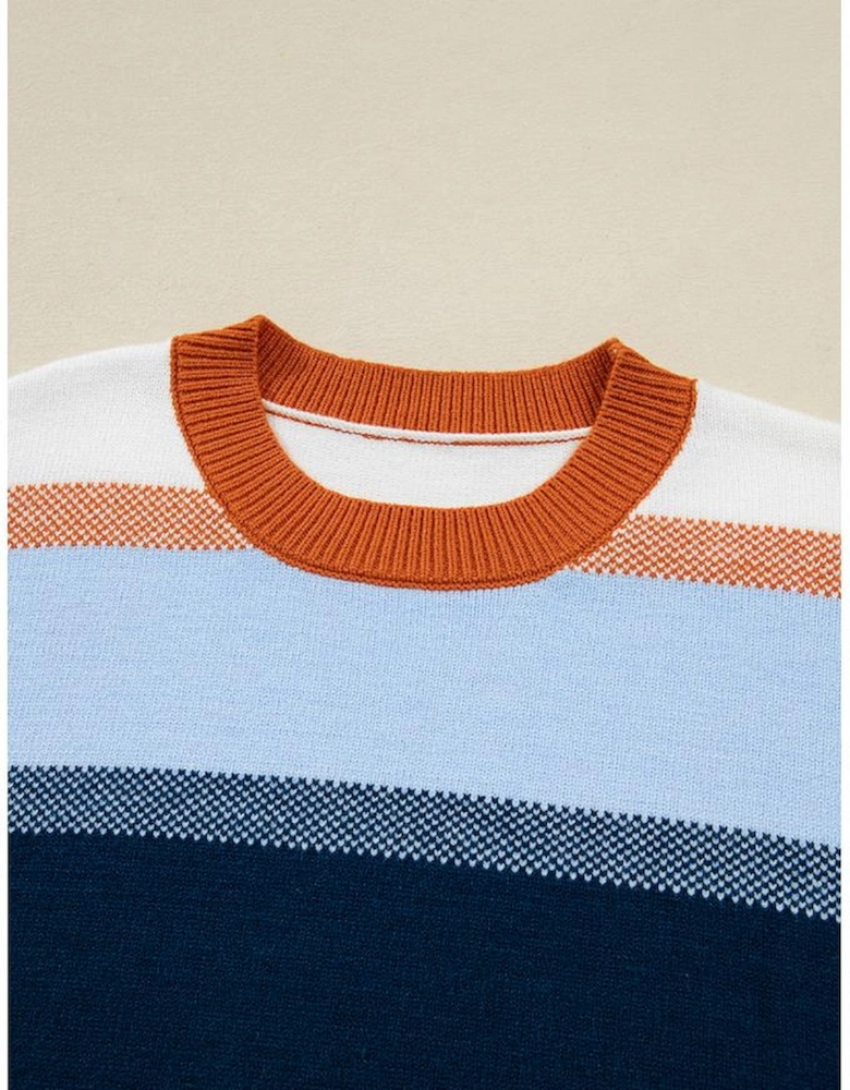 Dark Blue Color Block Round Neck Tunic Sweater