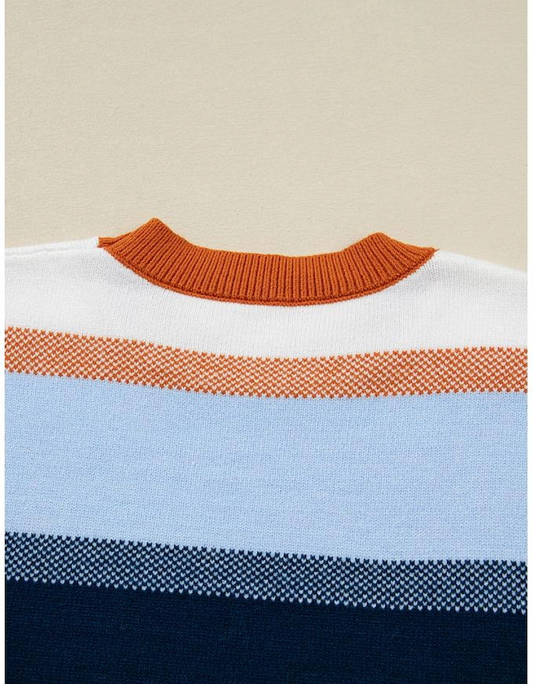 Dark Blue Color Block Round Neck Tunic Sweater