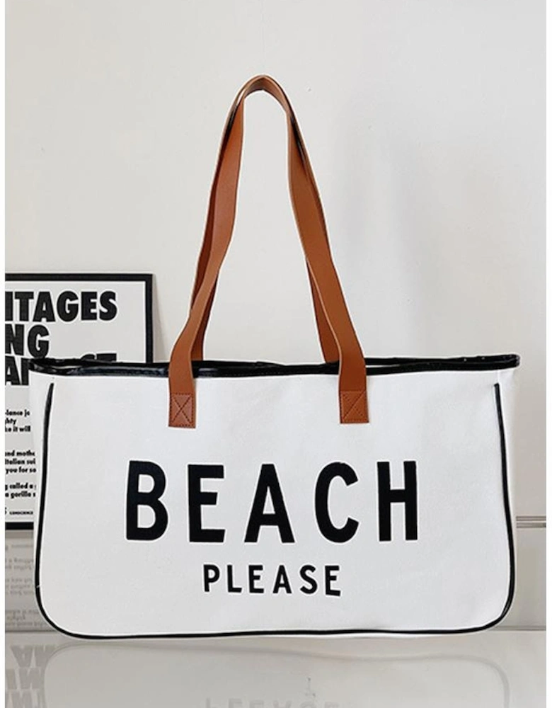 Bright White BEACH PLEASE Print Large Canvas Tote Bag
