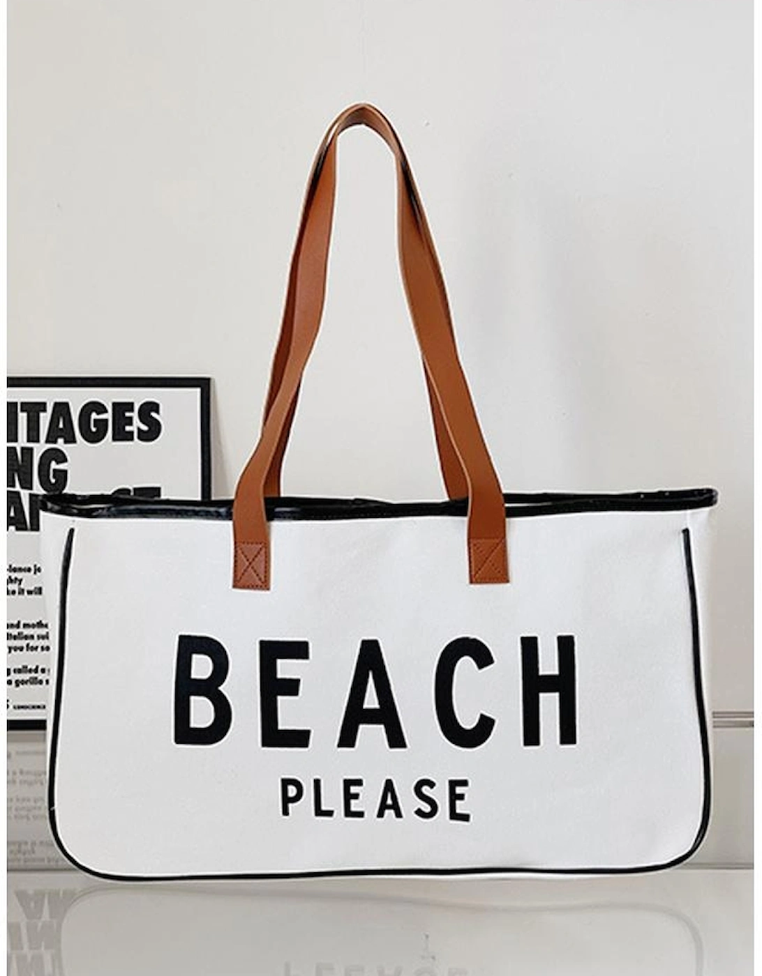 Bright White BEACH PLEASE Print Large Canvas Tote Bag