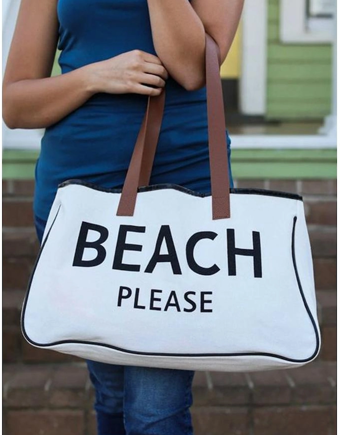 Bright White BEACH PLEASE Print Large Canvas Tote Bag