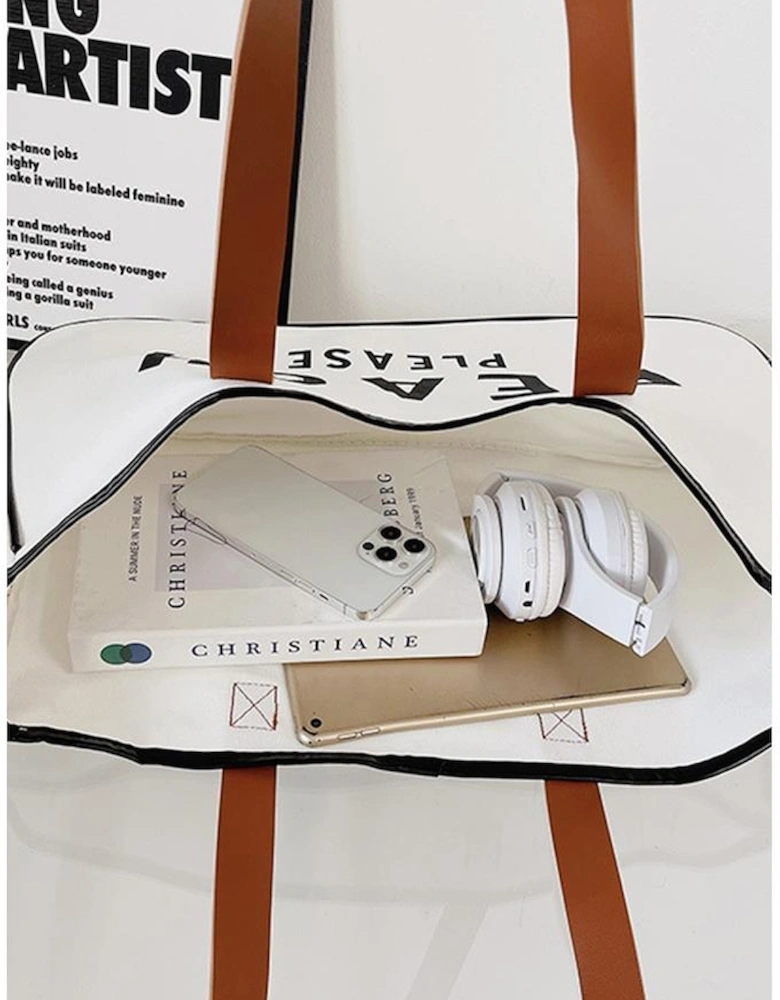 Bright White BEACH PLEASE Print Large Canvas Tote Bag