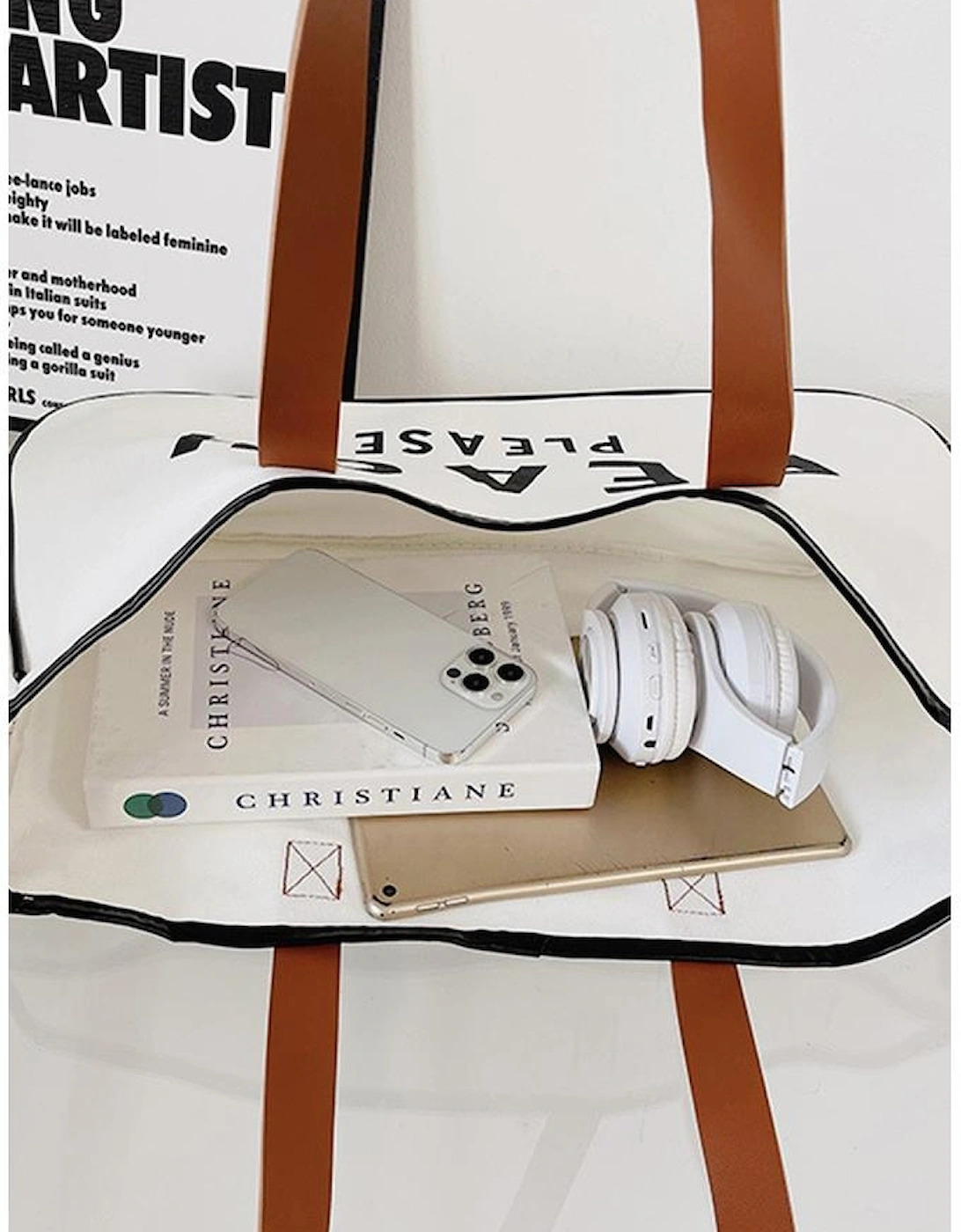 Bright White BEACH PLEASE Print Large Canvas Tote Bag