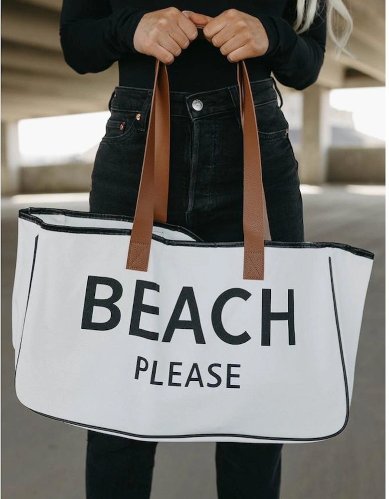 Bright White BEACH PLEASE Print Large Canvas Tote Bag