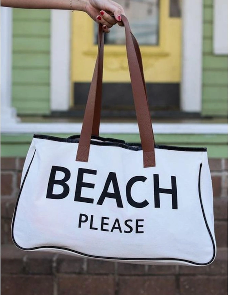 Bright White BEACH PLEASE Print Large Canvas Tote Bag