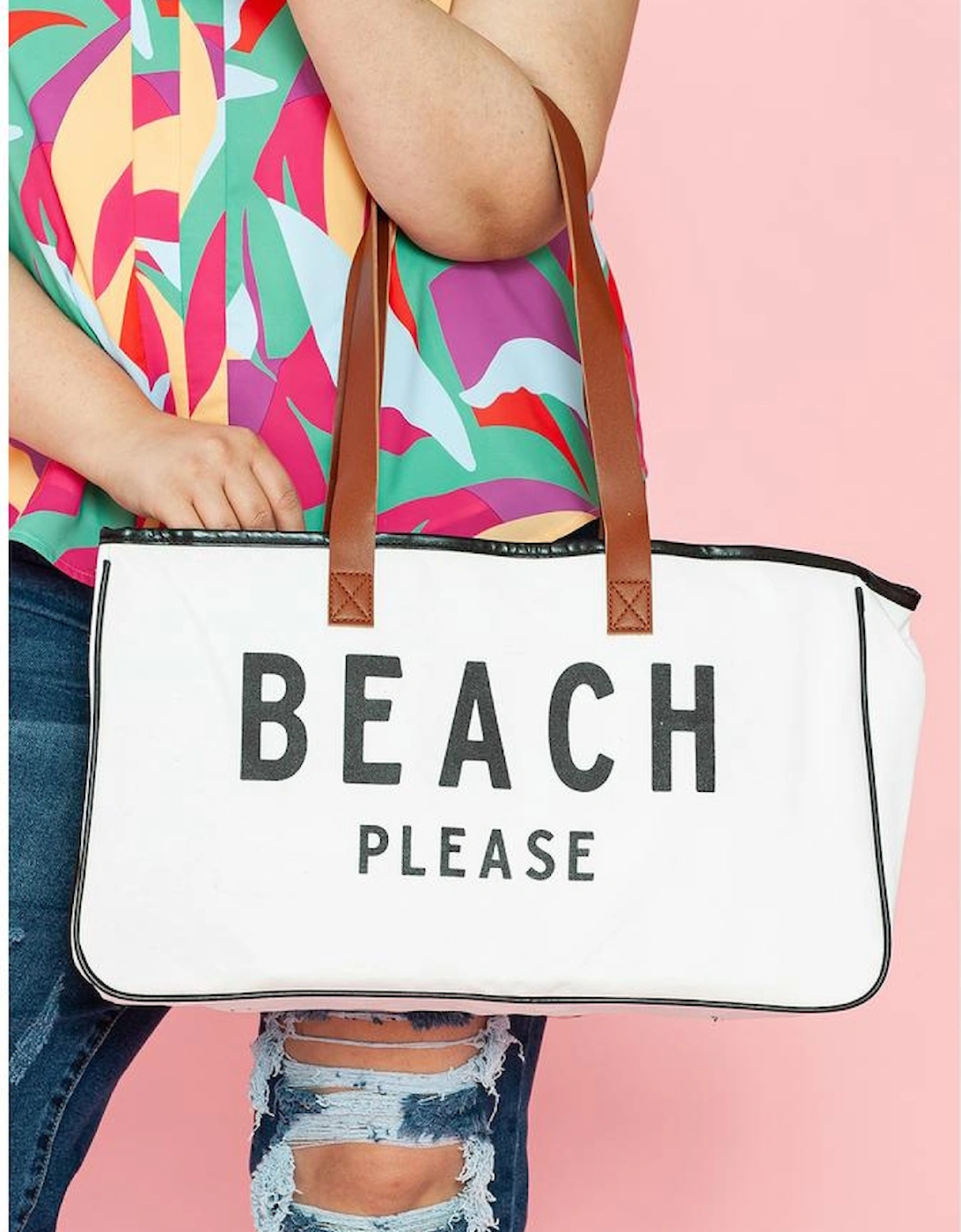 Bright White BEACH PLEASE Print Large Canvas Tote Bag
