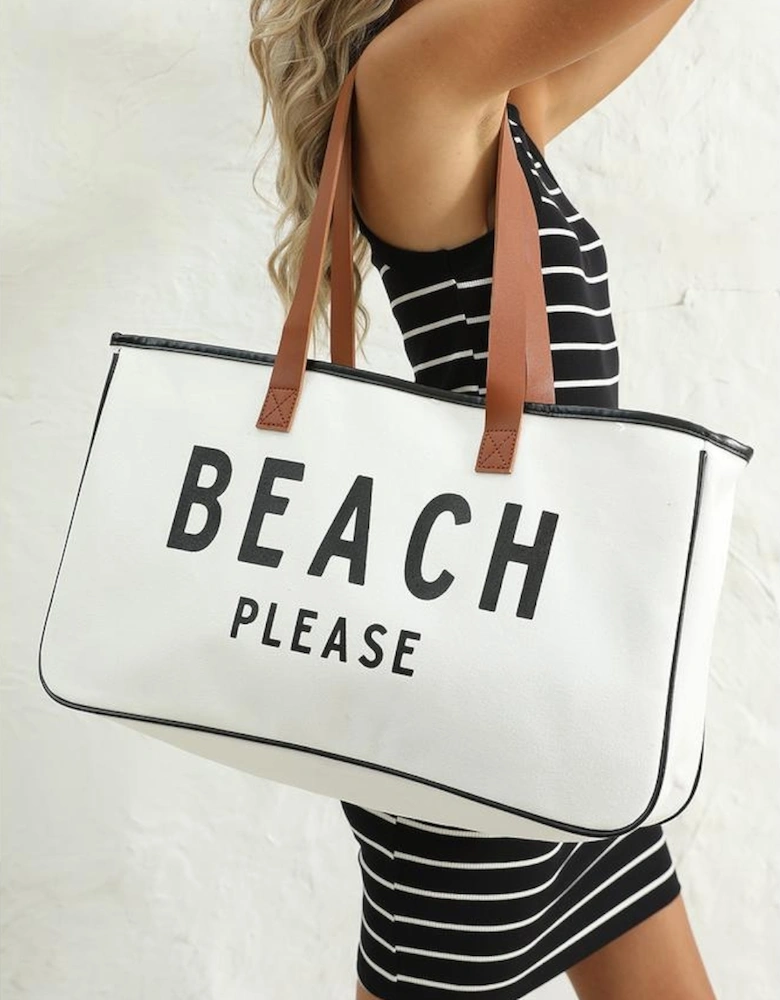 Bright White BEACH PLEASE Print Large Canvas Tote Bag