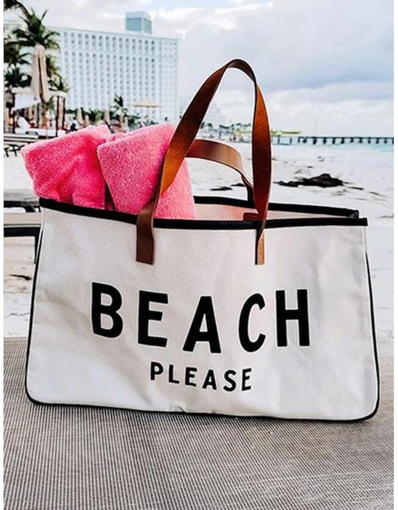 Bright White BEACH PLEASE Print Large Canvas Tote Bag