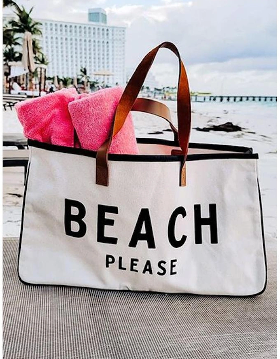 Bright White BEACH PLEASE Print Large Canvas Tote Bag