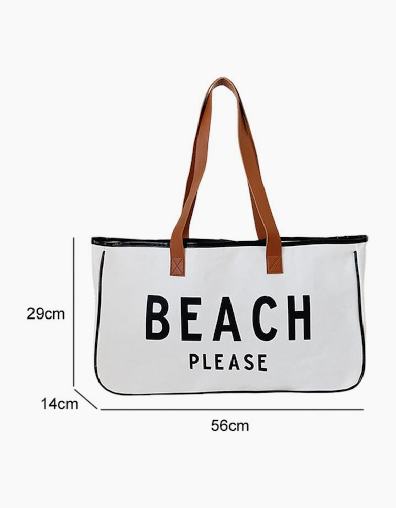 Bright White BEACH PLEASE Print Large Canvas Tote Bag