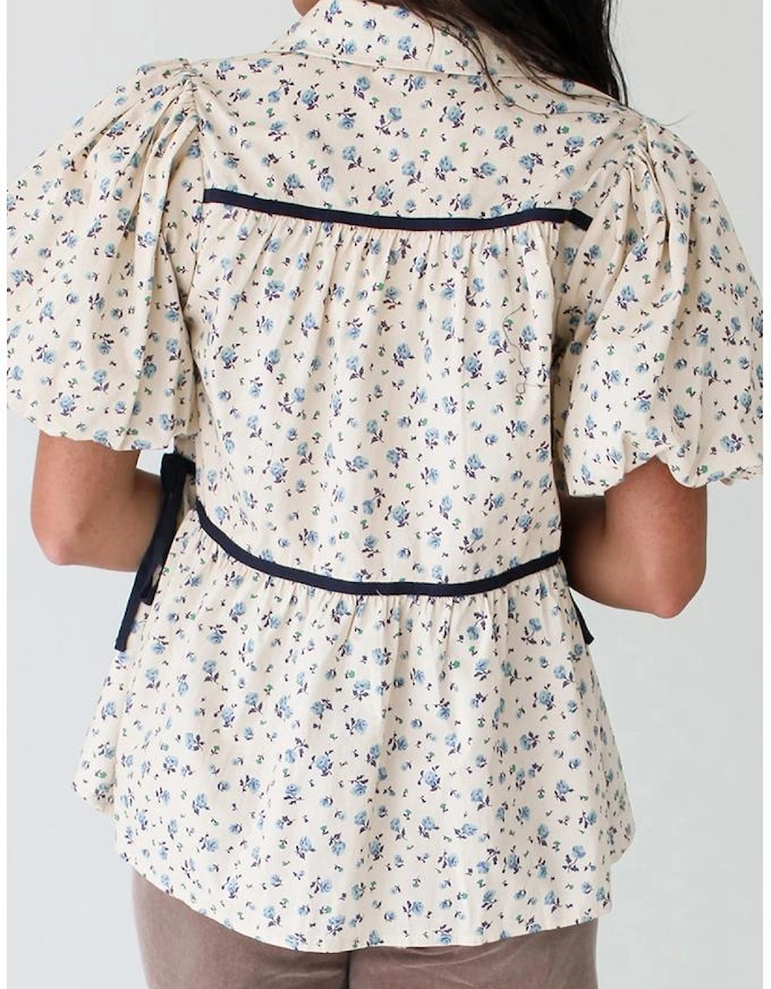 White Contrast Trim Floral Puff Short Sleeve Shirt, 6 of 5