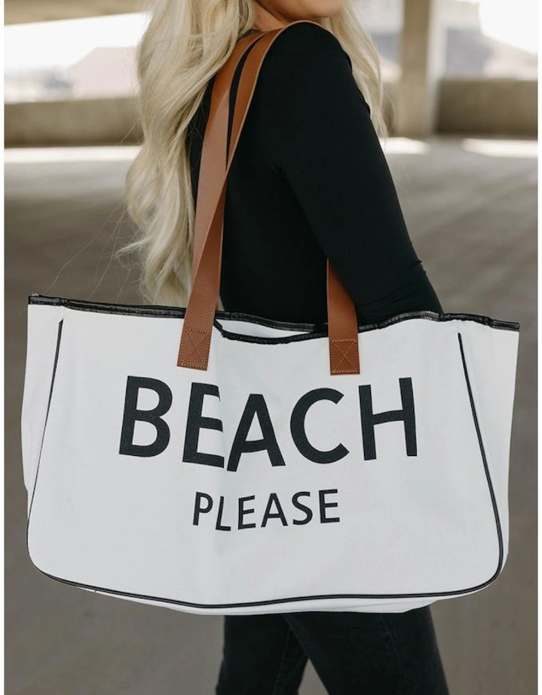 Bright White BEACH PLEASE Print Large Canvas Tote Bag