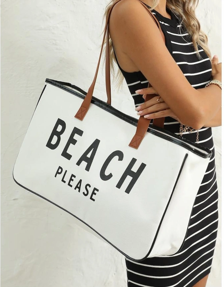 Bright White BEACH PLEASE Print Large Canvas Tote Bag