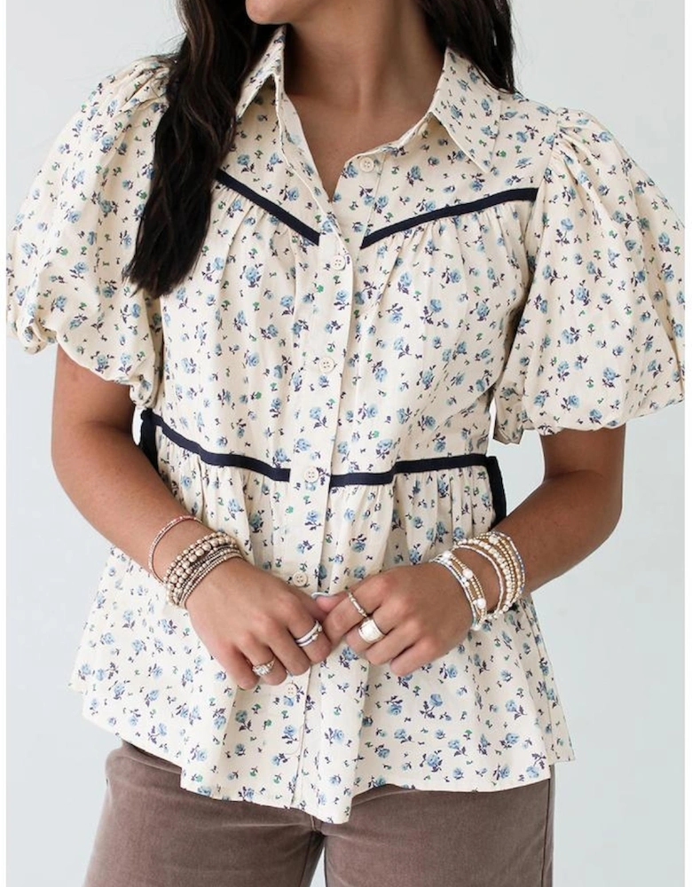 White Contrast Trim Floral Puff Short Sleeve Shirt