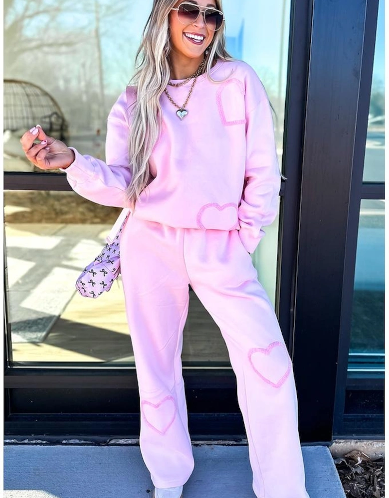 Phalaenopsis Chenille Heart Pattern Casual 2pcs Pants Set