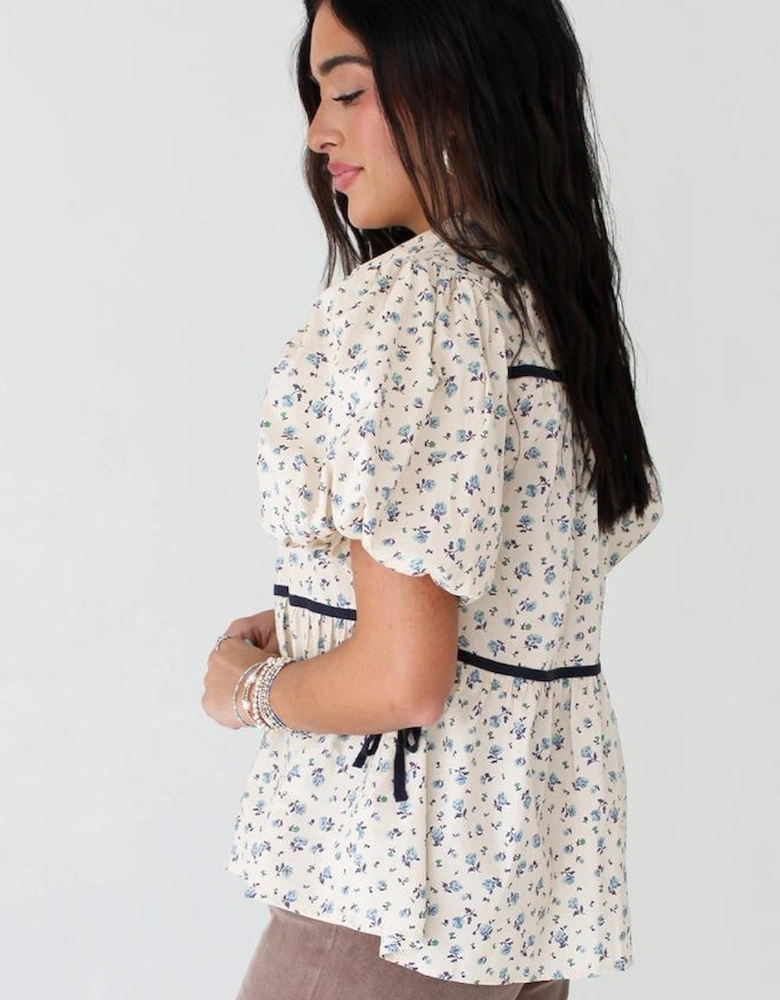 White Contrast Trim Floral Puff Short Sleeve Shirt