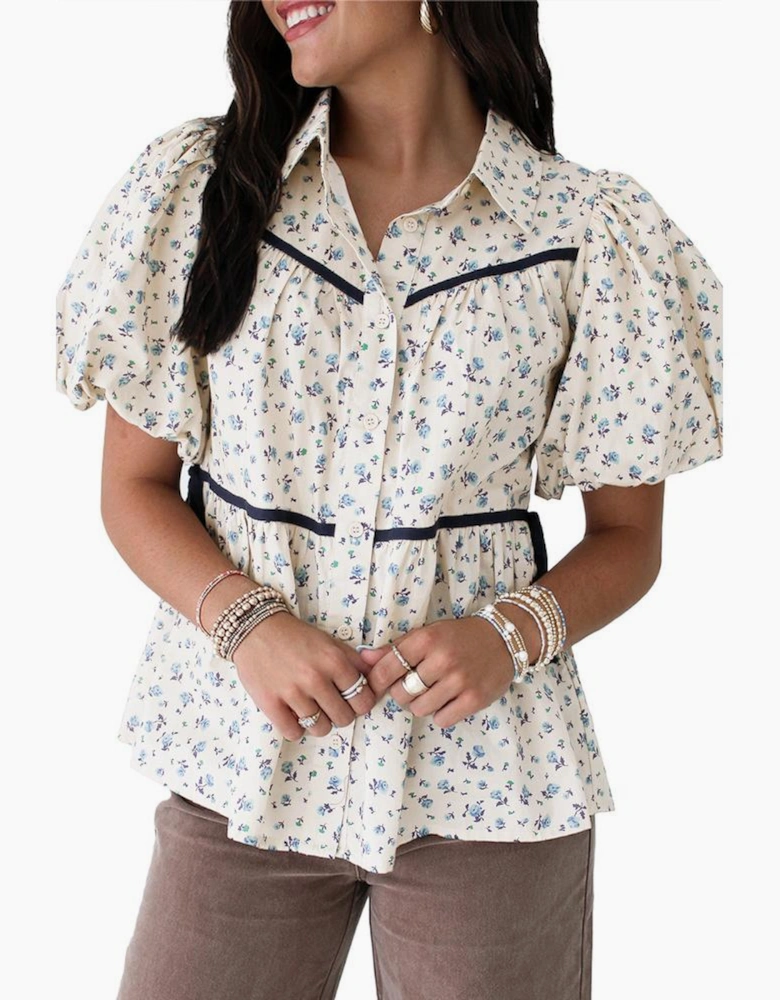 White Contrast Trim Floral Puff Short Sleeve Shirt