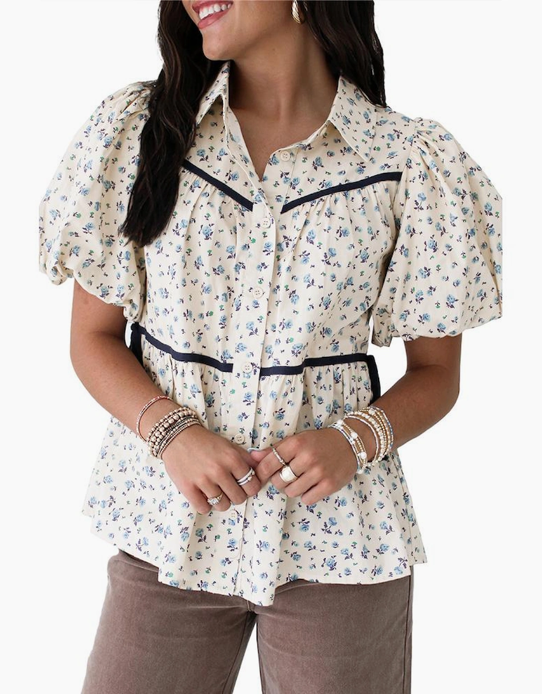 White Contrast Trim Floral Puff Short Sleeve Shirt
