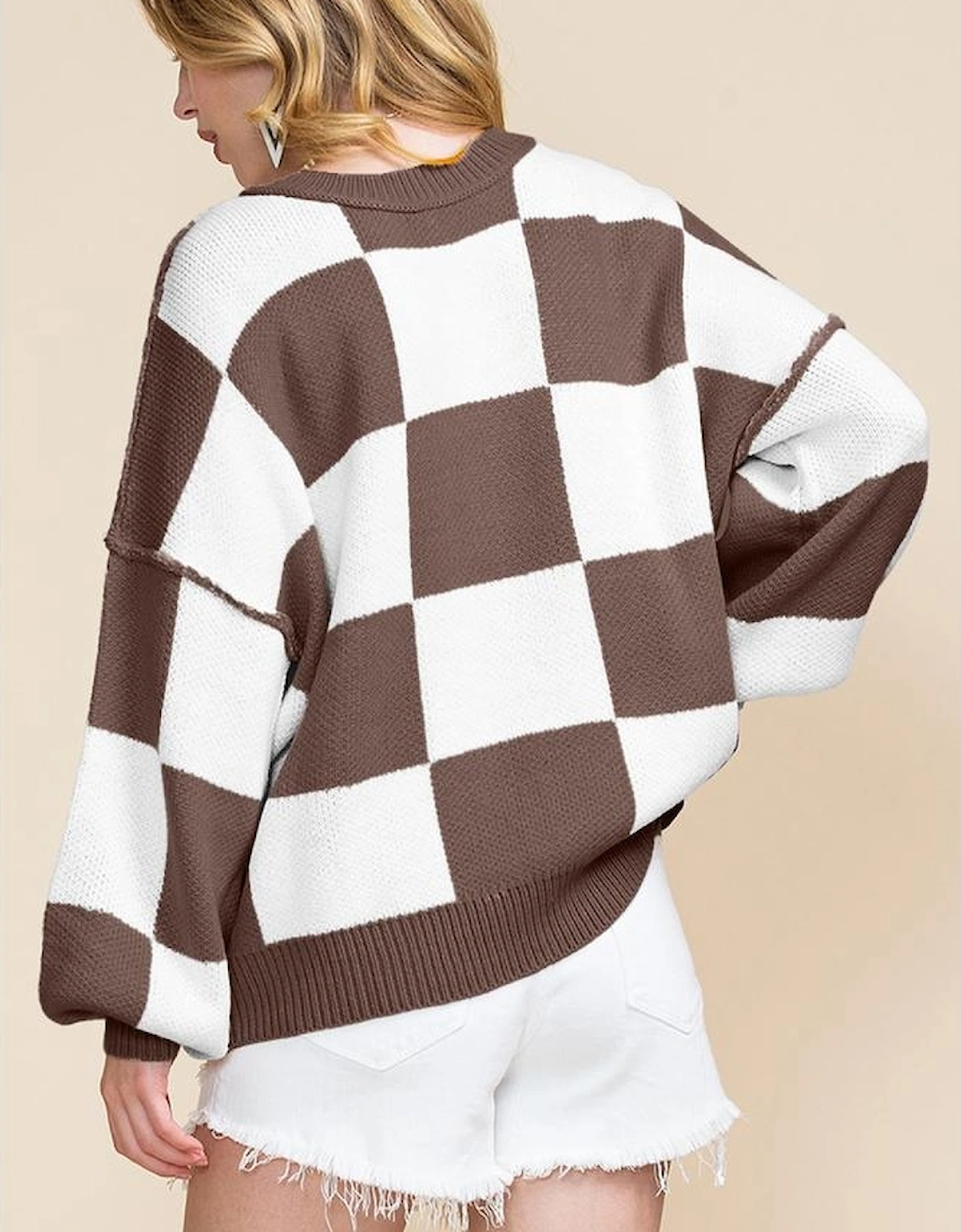 Dark Brown Checkered Bishop Sleeve Sweater, 14 of 13