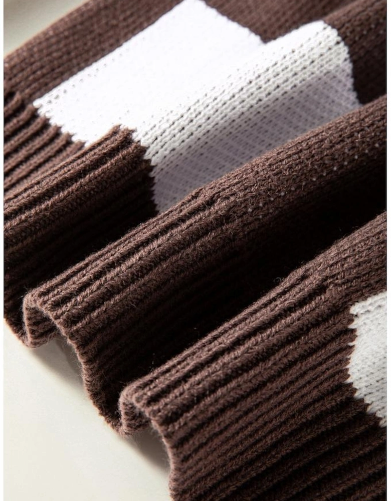 Dark Brown Checkered Bishop Sleeve Sweater