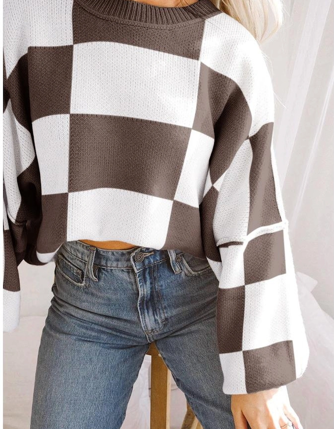 Dark Brown Checkered Bishop Sleeve Sweater