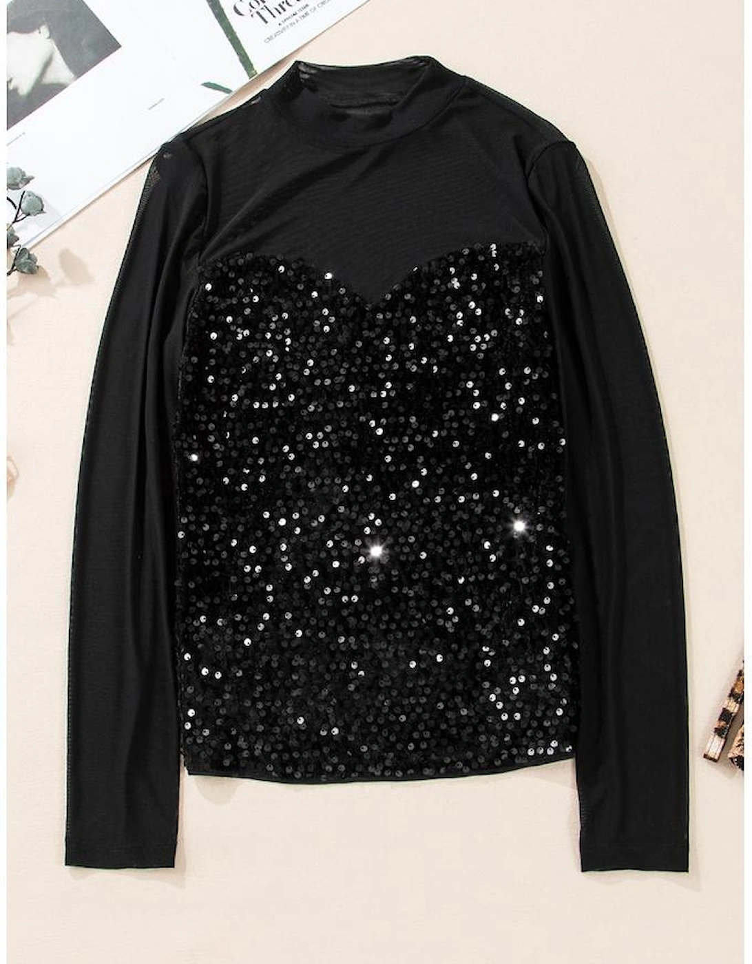 Black Sequin Velvet Sheer Mesh Mock Neck Blouse, 15 of 14