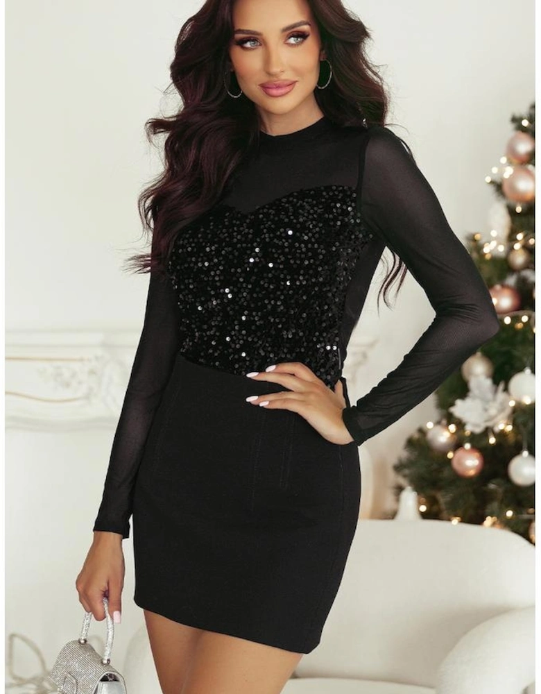 Black Sequin Velvet Sheer Mesh Mock Neck Blouse