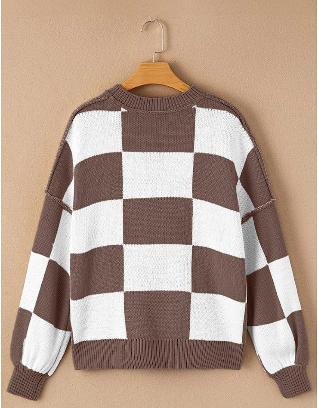 Dark Brown Checkered Bishop Sleeve Sweater