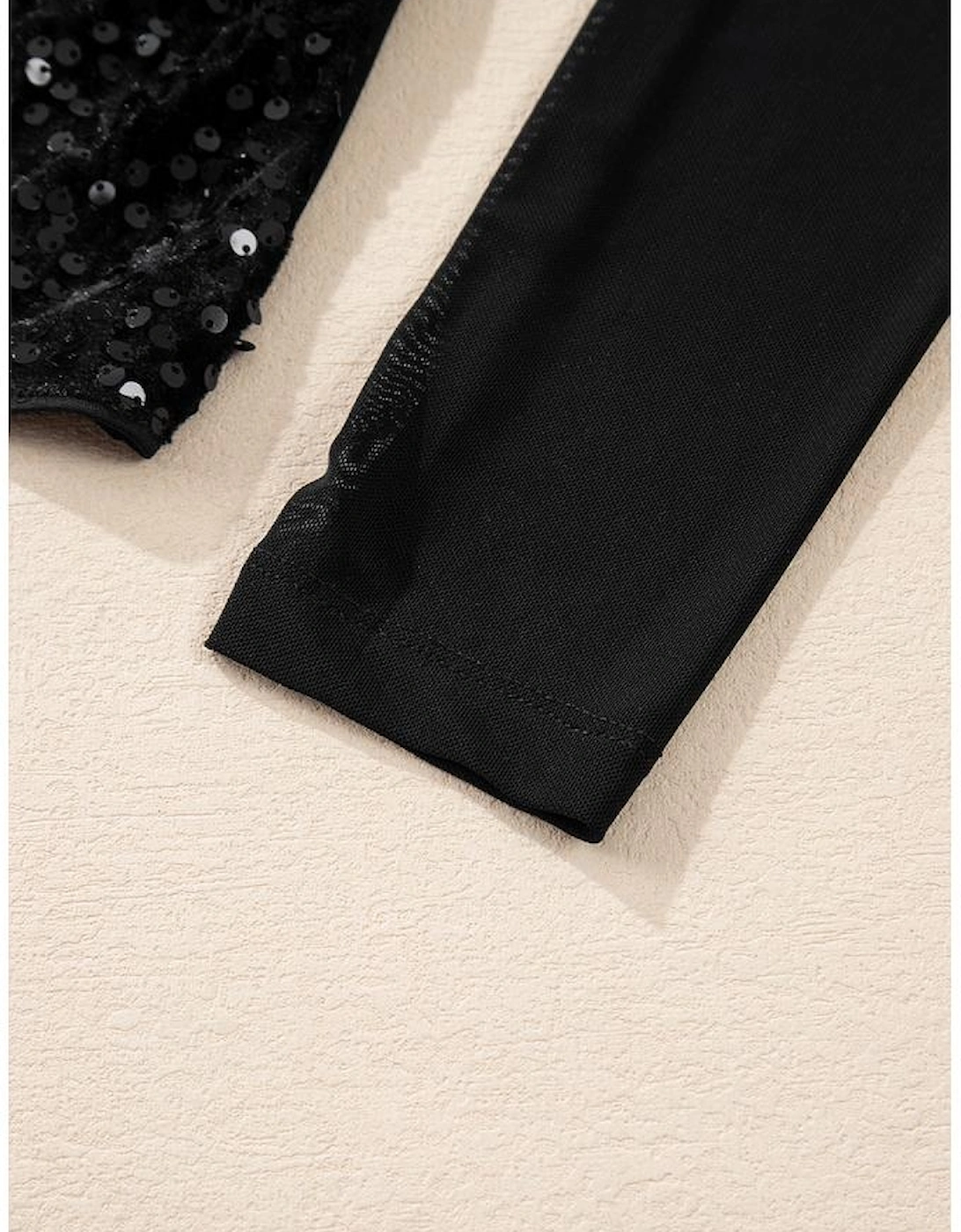 Black Sequin Velvet Sheer Mesh Mock Neck Blouse