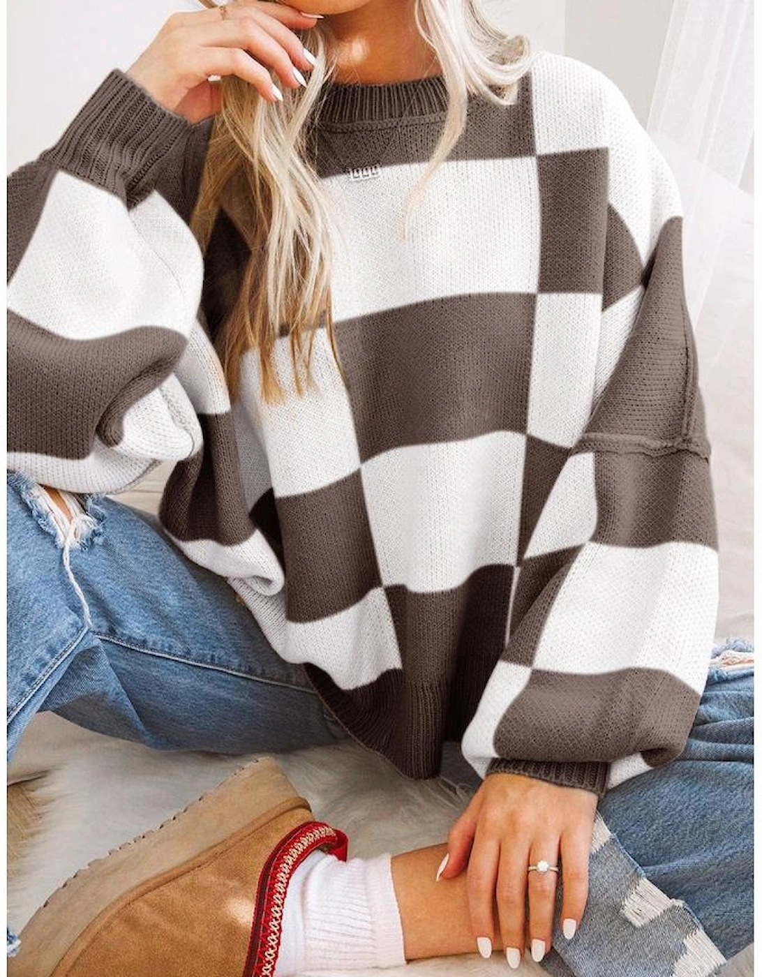 Dark Brown Checkered Bishop Sleeve Sweater