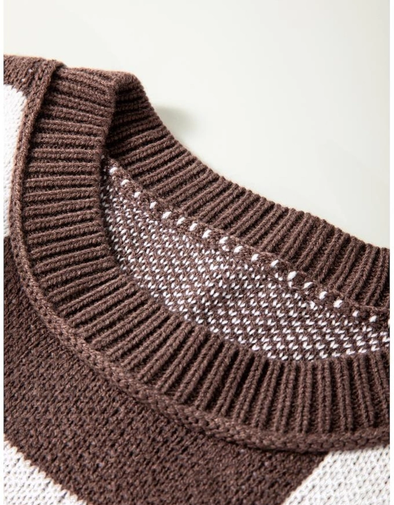 Dark Brown Checkered Bishop Sleeve Sweater