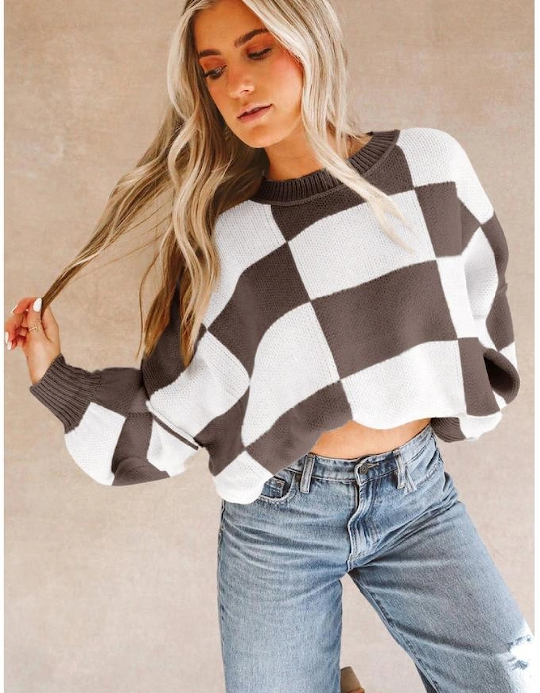 Dark Brown Checkered Bishop Sleeve Sweater