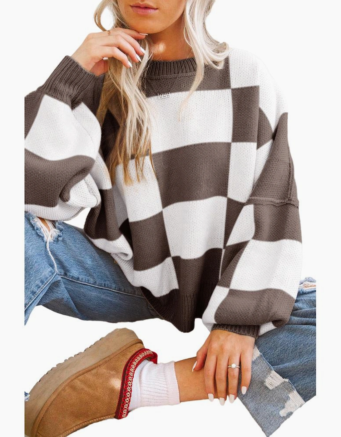 Dark Brown Checkered Bishop Sleeve Sweater