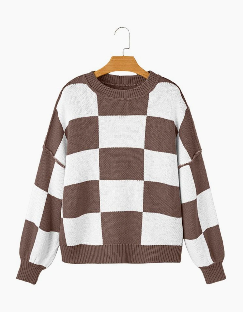 Dark Brown Checkered Bishop Sleeve Sweater