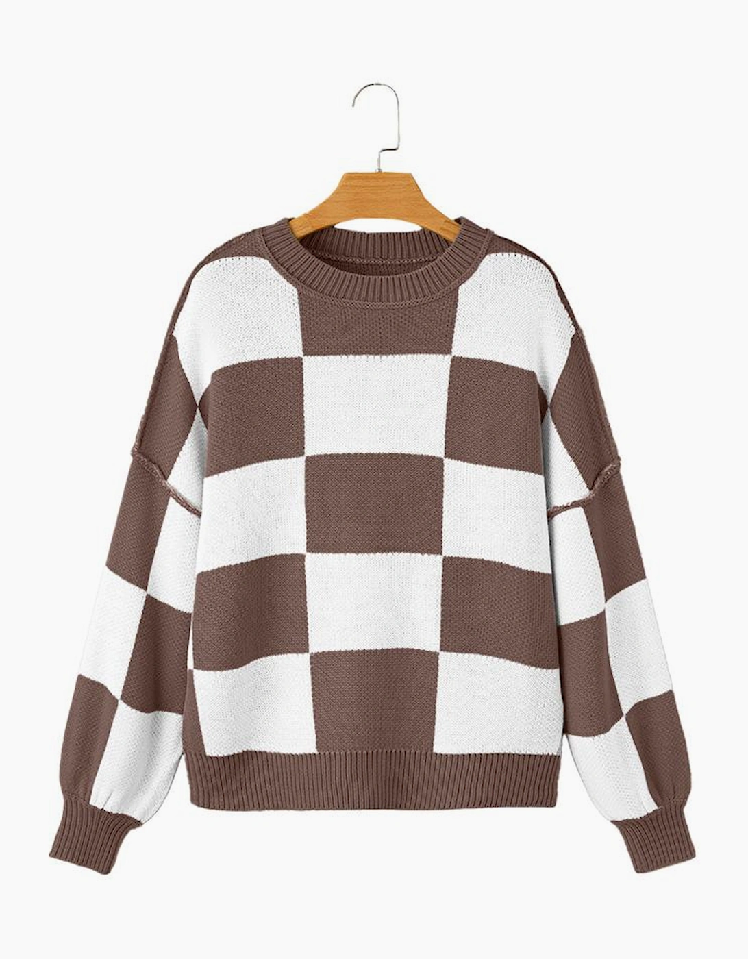 Dark Brown Checkered Bishop Sleeve Sweater